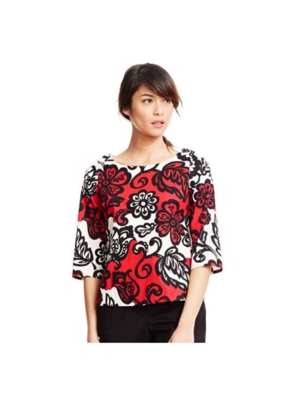 Boden Ursula 3/4 Sleeve Floral Blouse Top Black & Red Sz 16 - Picture 1 of 9